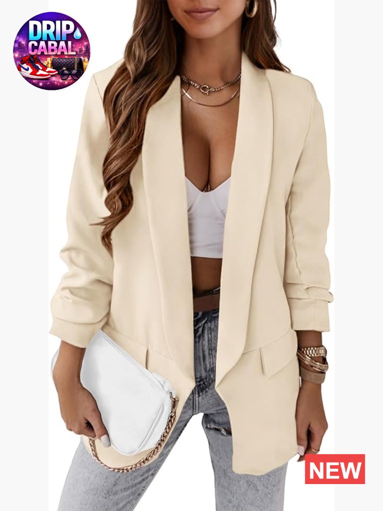 Oversized Blazer Open Front Long Sleeve Shawl Collar Polyester Business Casual